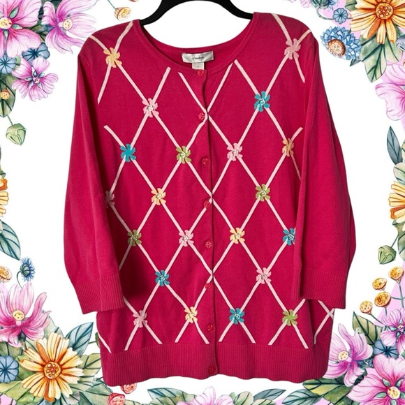 CJ Banks Pink Spring Cardigan Size 1X Argyle Diamond Easter Sweater Whimsy NEW - Picture 1 of 11